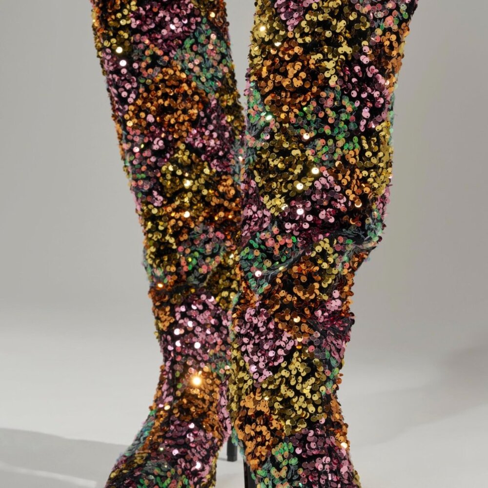 AZALEA WANG JIMENA MULTI GOLD SEQUIN KNEE HIGH STILETTO BOOT - 10 - Picture 3 of 3